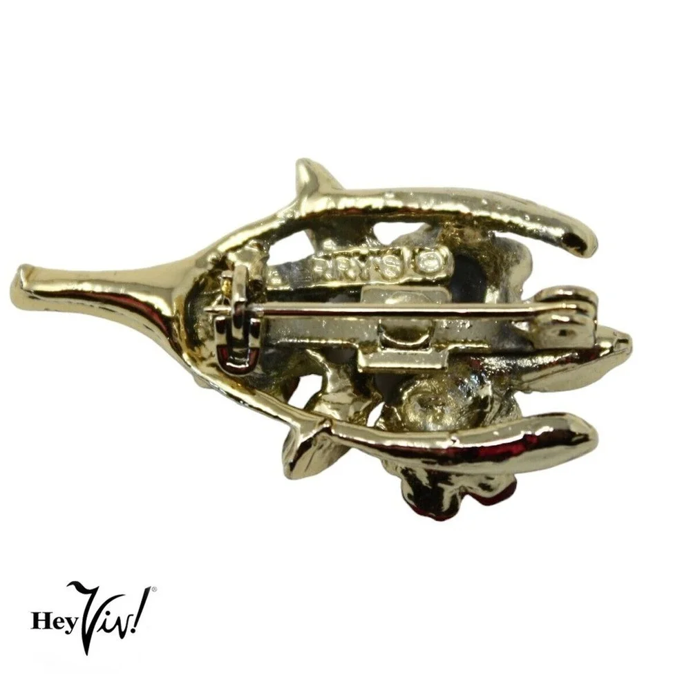 Vintage Signed Gerrys Scatter Pin Goldtone Wishbone w Red Roses 1.25